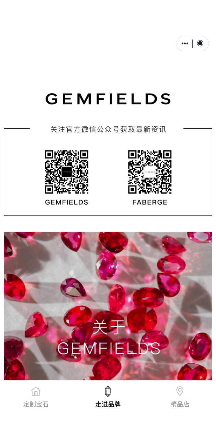 Gemfields 宝石红焕,品牌介绍与两个品牌二维码。