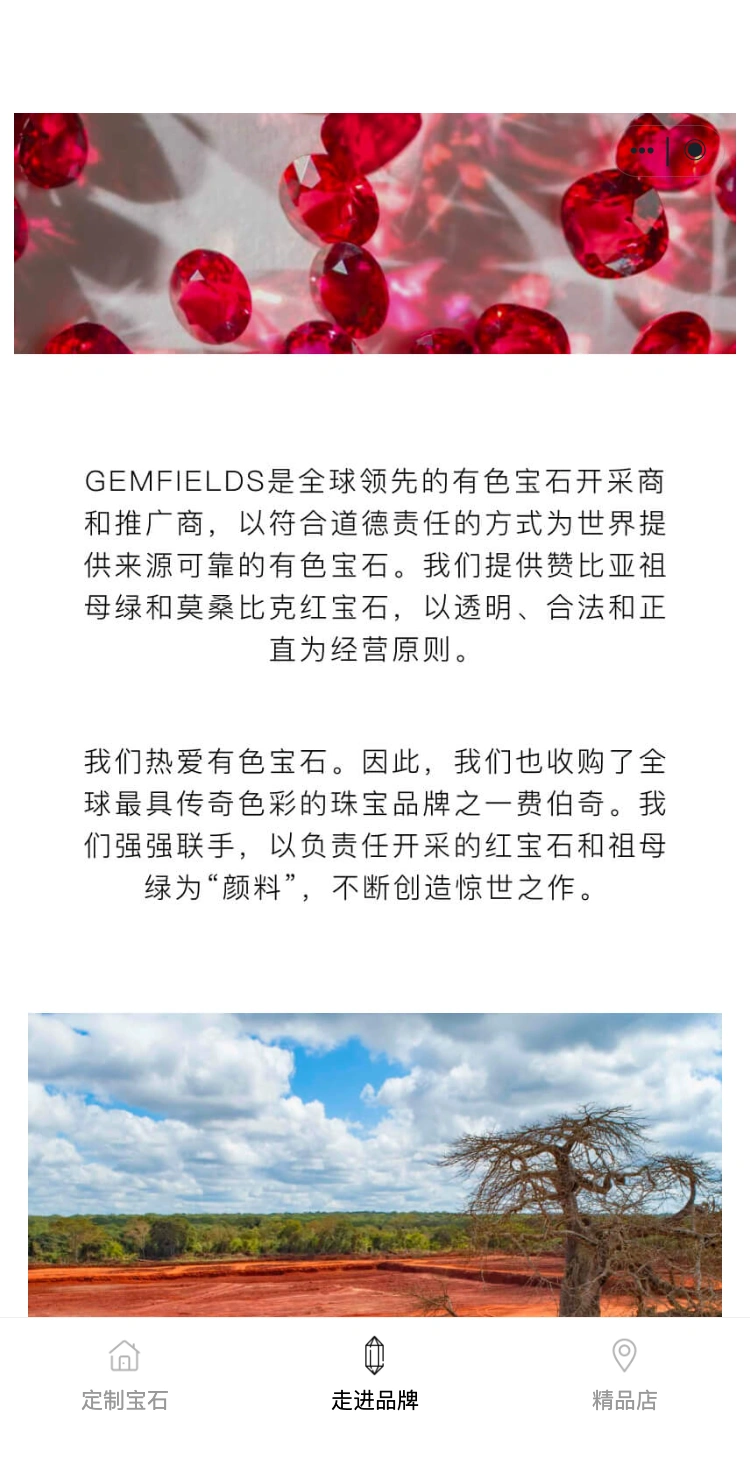 Gemfields 宝石红焕,向下浏览品牌内容与宝石影像。